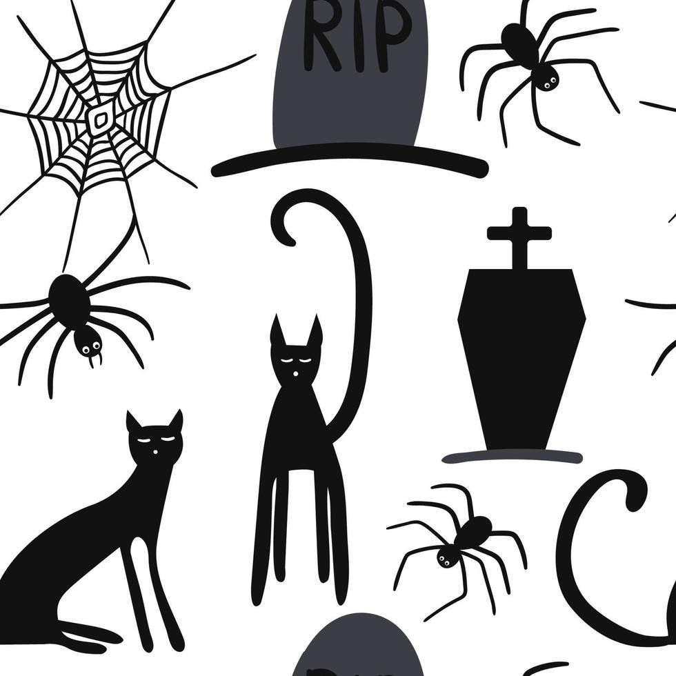 assustador padrão sem emenda de halloween. vetor gato preto, sepultura, aranha, teia de aranha isolada no fundo branco. design para decoração de halloween, têxtil, papel de embrulho, papéis de parede, adesivo, cartões.