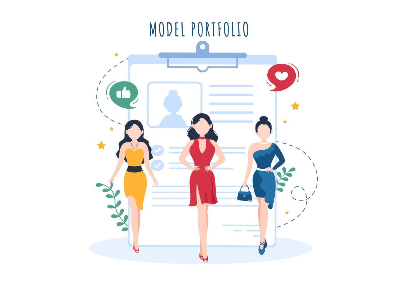 modelo de portfólio modelo ilustração plana de desenhos animados desenhados à mão com gerente de agência de modelos e fotógrafo tira fotos do modelo no design da plataforma vetor