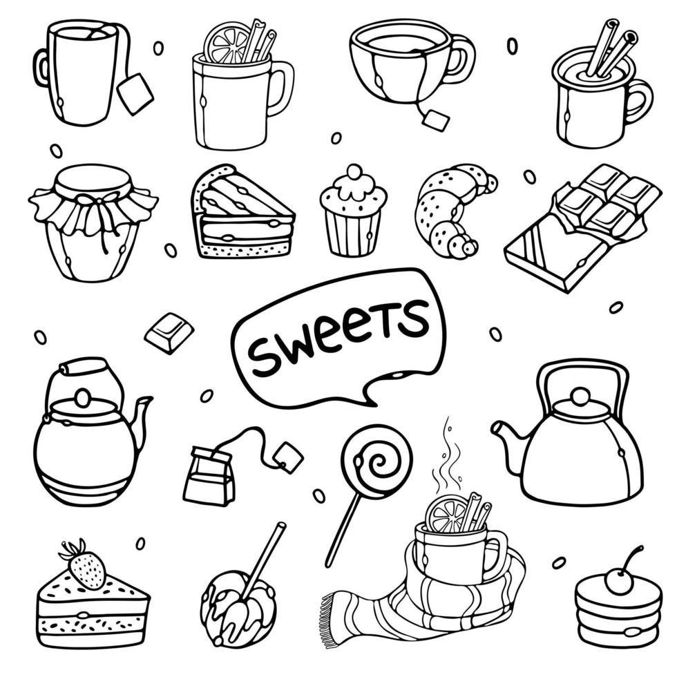 conjunto de alimentos doces e bebidas quentes. contorno doodle ilustração vetorial com letras. coleção de ilustração de comida em estilo de gravura vetor