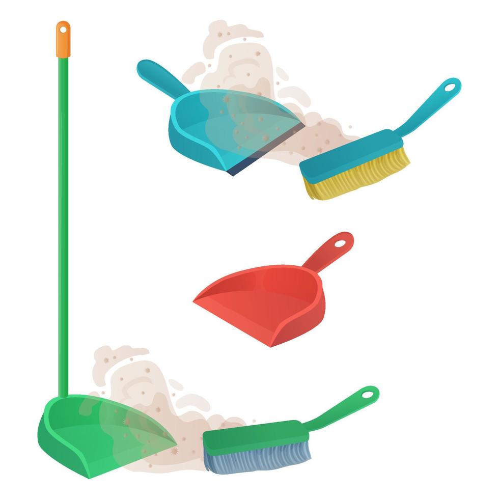 conjunto de colher de plástico dos desenhos animados. escova varre poeira e sujeira em dustpan.housework, serviços de limpeza, casa, conceito. equipamento para limpeza elemento isolado na ilustração vetorial de estoque de fundo branco. vetor