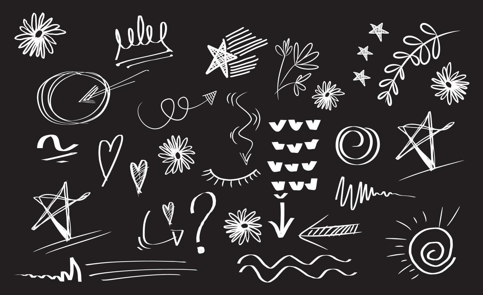 vetor doodle conjunto de elemento de design. swishes encaracolados, swoosh, swoops, redemoinho, seta, coração, amor, coroa, flor, estrela, fogo de artifício, destaque de texto e elemento de ênfase. usar para design de conceito