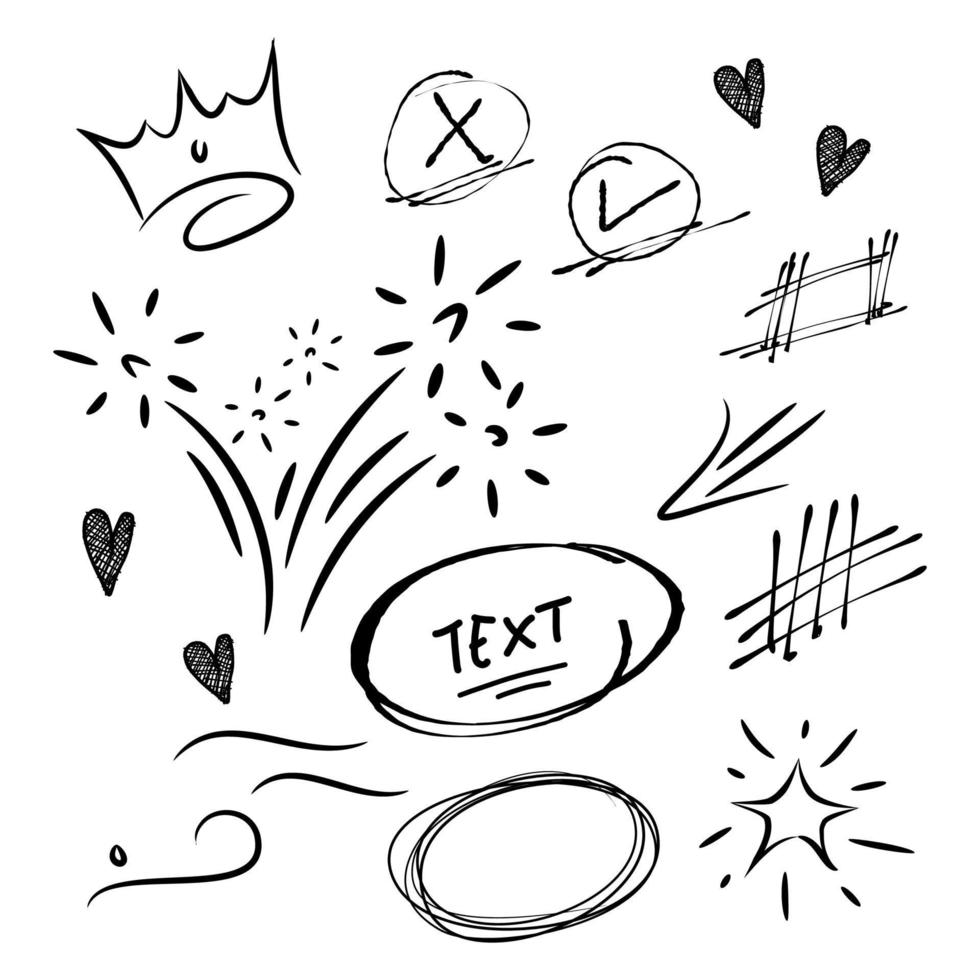 coleção de doodle de vetor de elemento de design. swishes encaracolados, swoops, redemoinho, seta, coração, amor, coroa, flor, estrela, destaque de texto e elemento de ênfase. usar para design de conceito