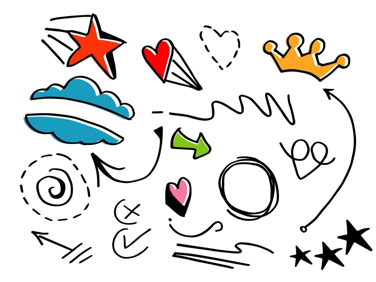 coleção de mão desenhada de vetor de elemento de design doodle. swishes encaracolados, swoops, redemoinho, seta, coração, amor, coroa, estrela e elemento de ênfase com a cor. usar para design de conceito