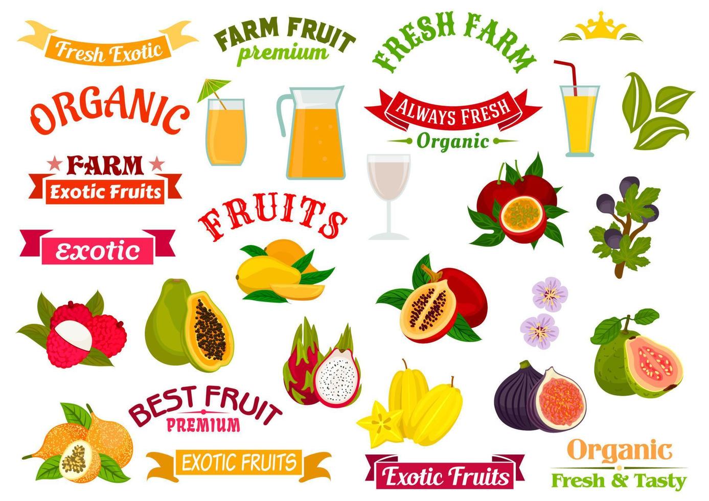sinais de suco de frutas. conjunto de ícones de frutas frescas suculentas vetor