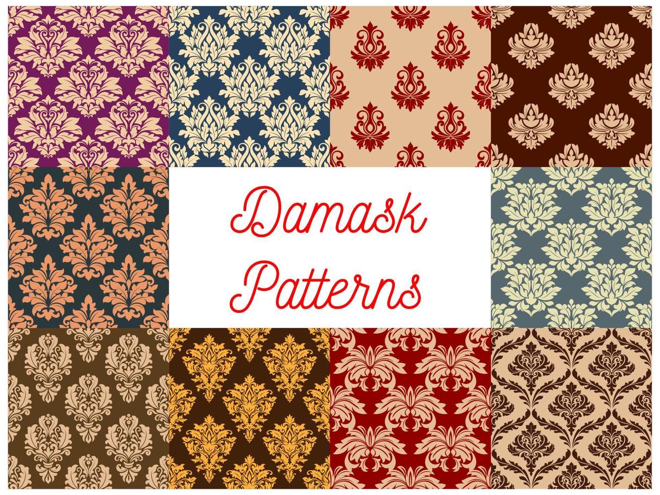 conjunto de padrão sem costura floral ornamentado de damasco vetor