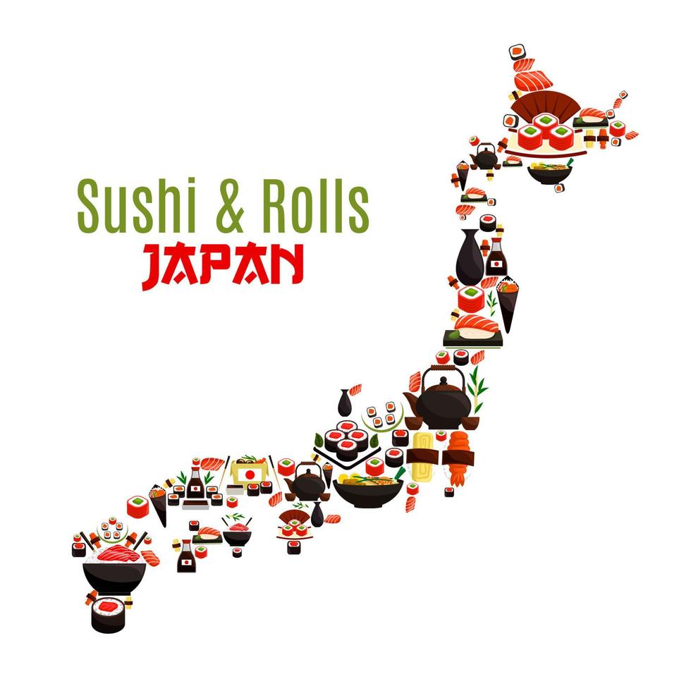 mapa do japão de sushi de frutos do mar, sashimi e pãezinhos vetor