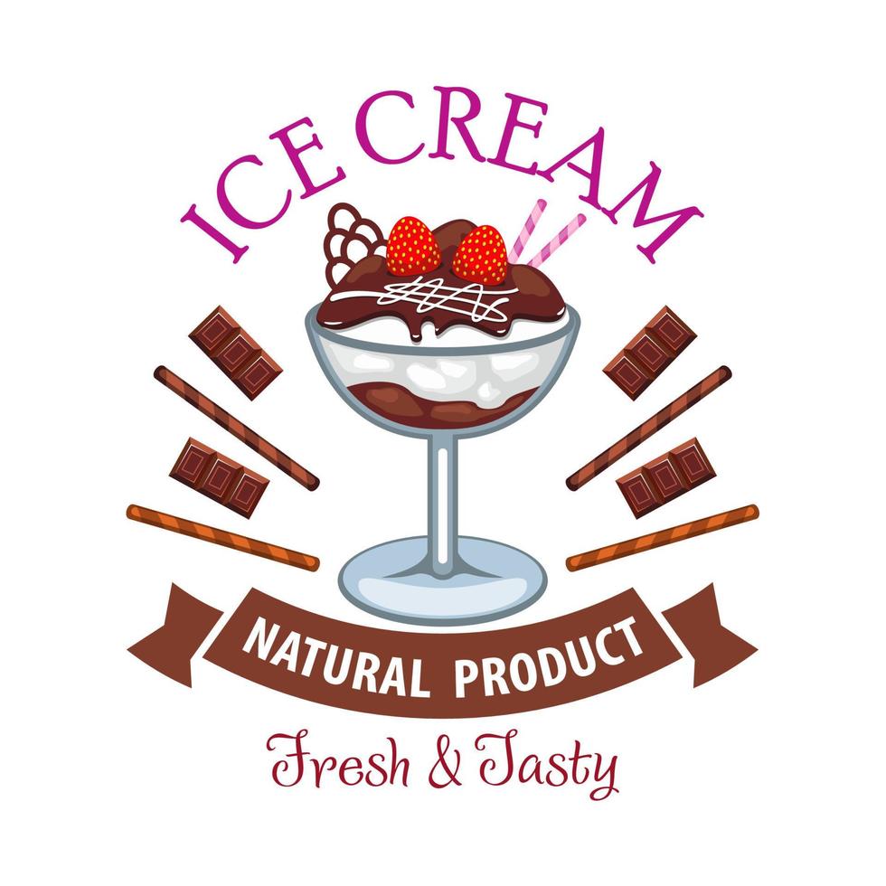 sobremesa de sorvete com símbolo de chocolate e frutas vetor