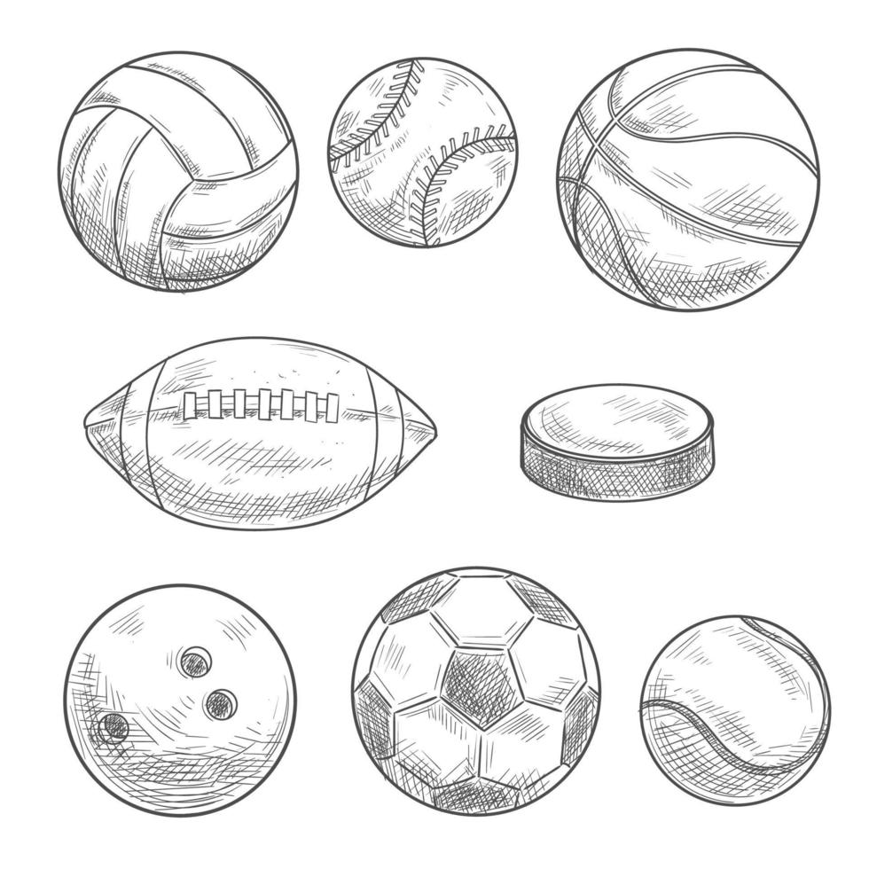 bolas esportivas e esboços isolados de disco de hóquei vetor