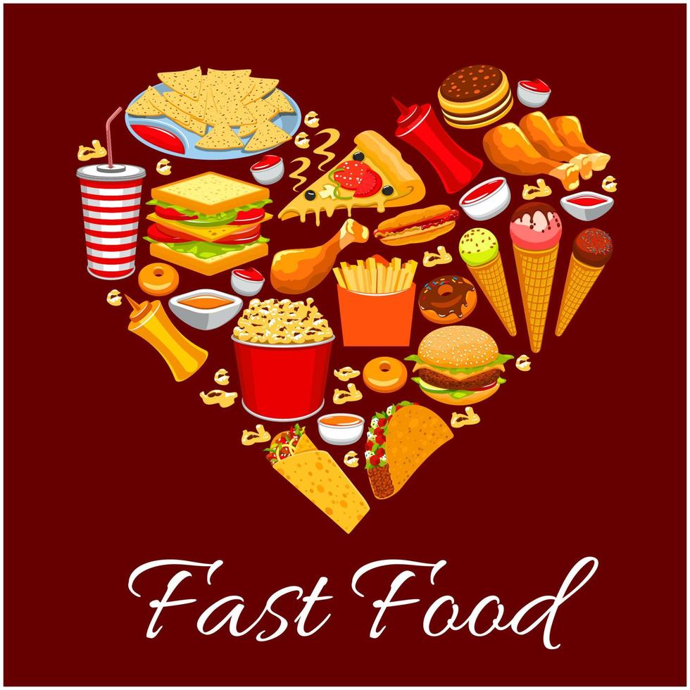 cartaz de refeição de fast-food. vetor forma de coração