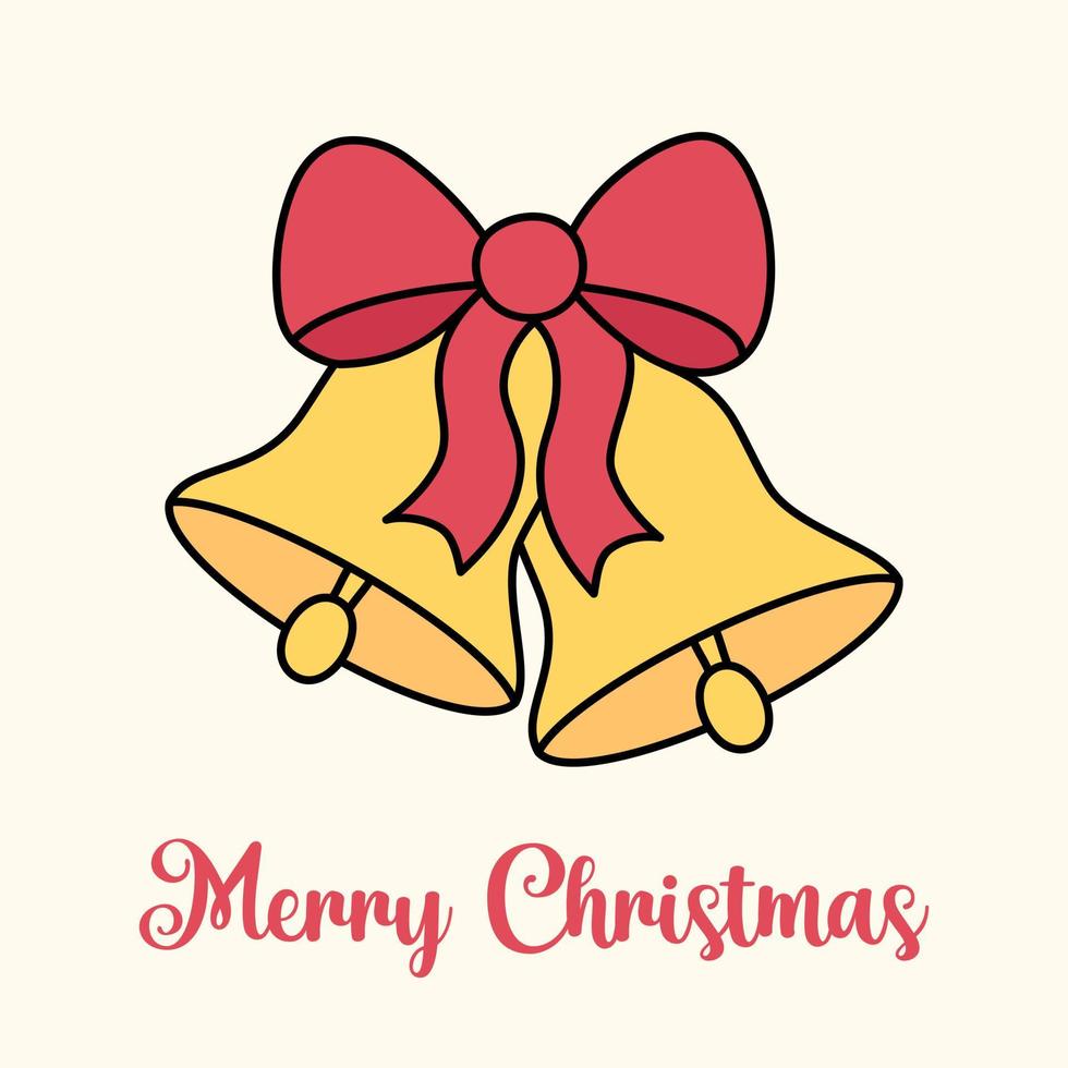lindo cartão de feliz natal com sinos dourados e arco. ilustração em vetor quadrado de dois sinos de contorno. composição do símbolo de natal e texto vintage