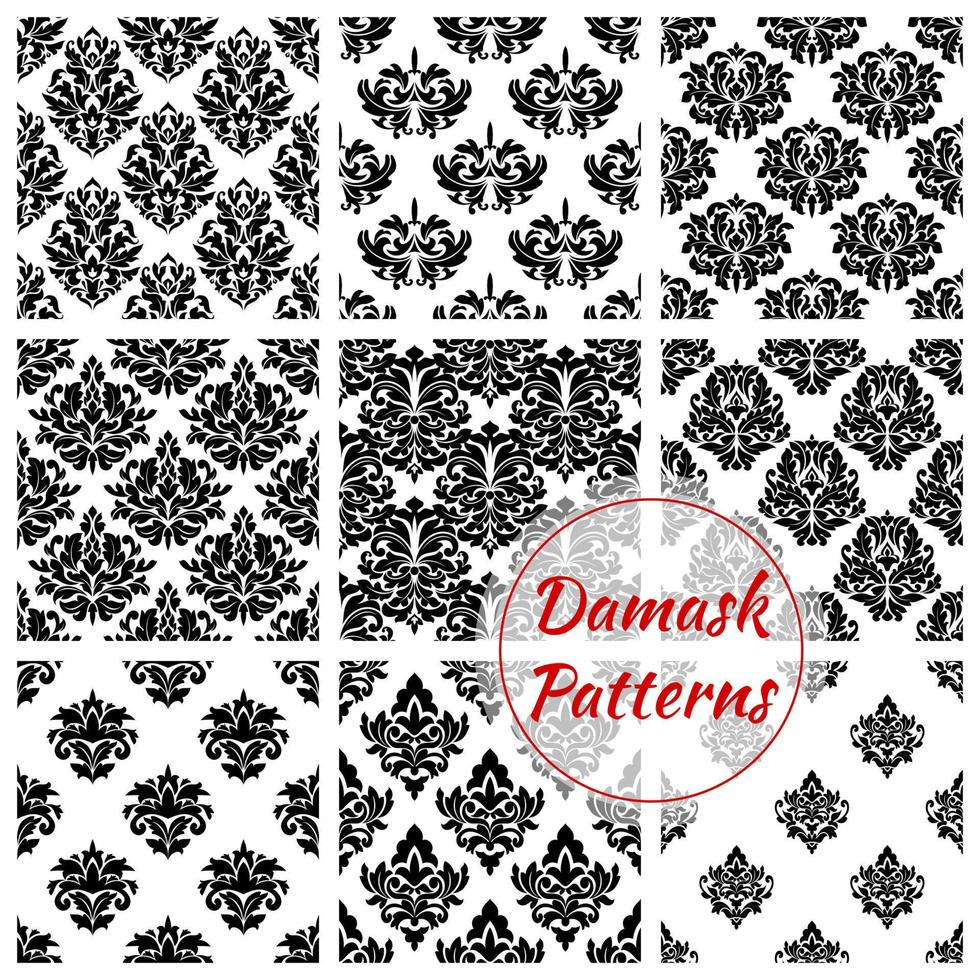 conjunto de padrões sem costura ornamentados florais de damasco vetor