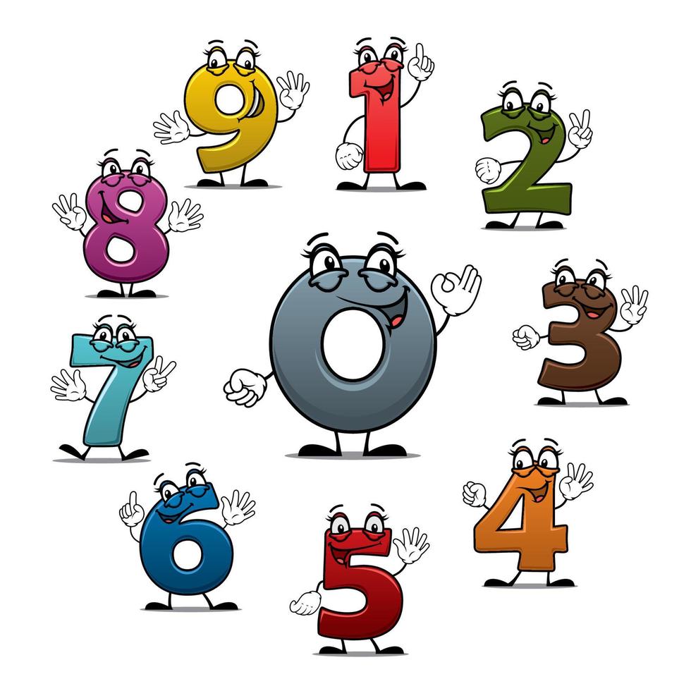 ícones de vetor de personagens de números de contagem de desenhos animados