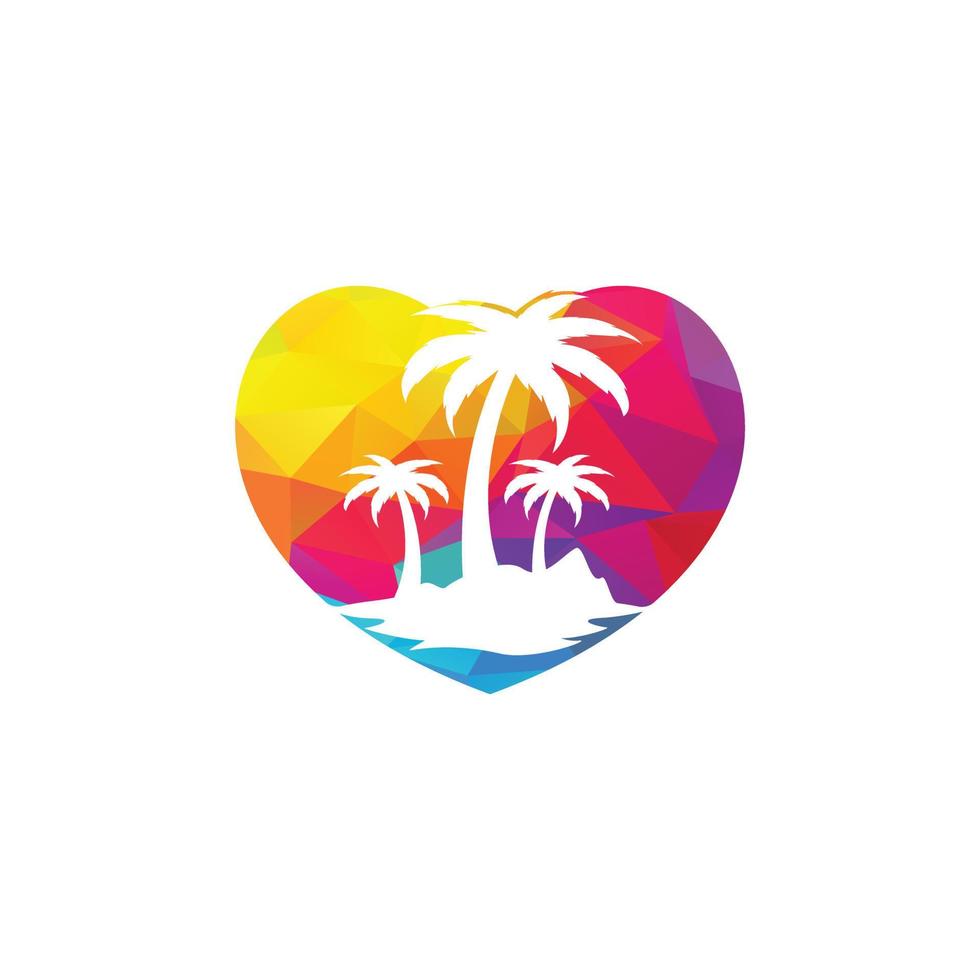 logotipo de vetor de amor de praia. ícone de coração e palmeira. sinal de viagens e turismo.