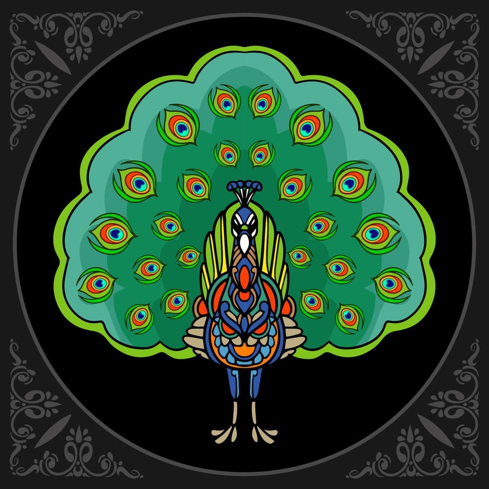 artes coloridas da mandala do pássaro do pavão isoladas no fundo preto vetor