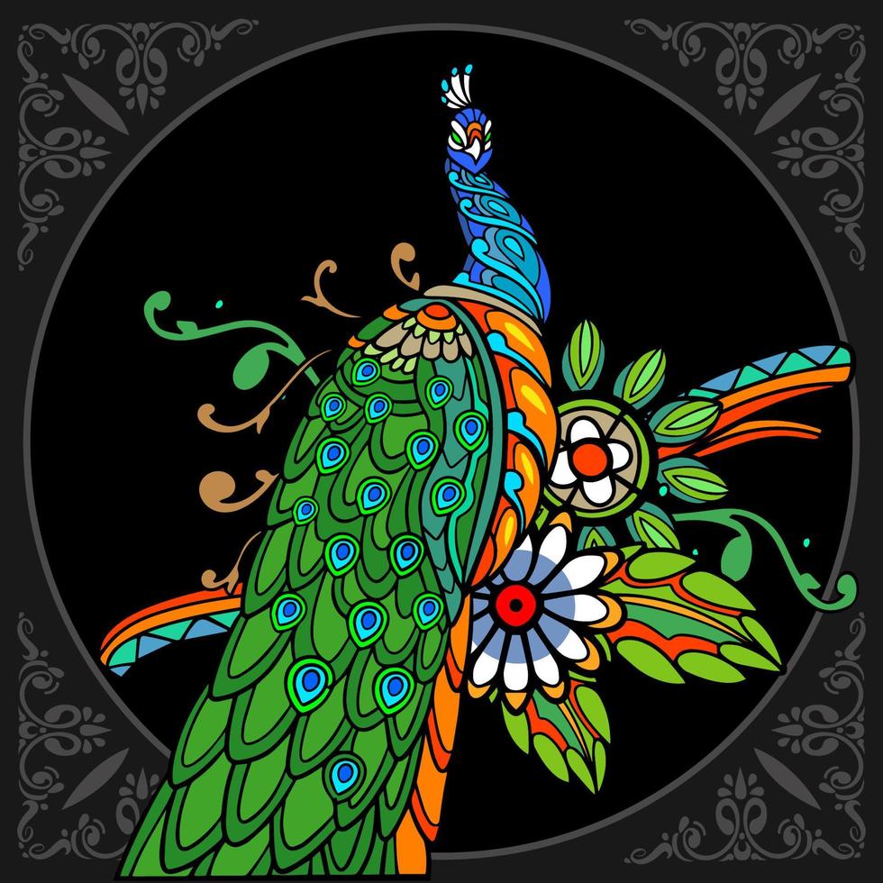 mandala de pássaro de pavão colorido isolada em fundo preto vetor
