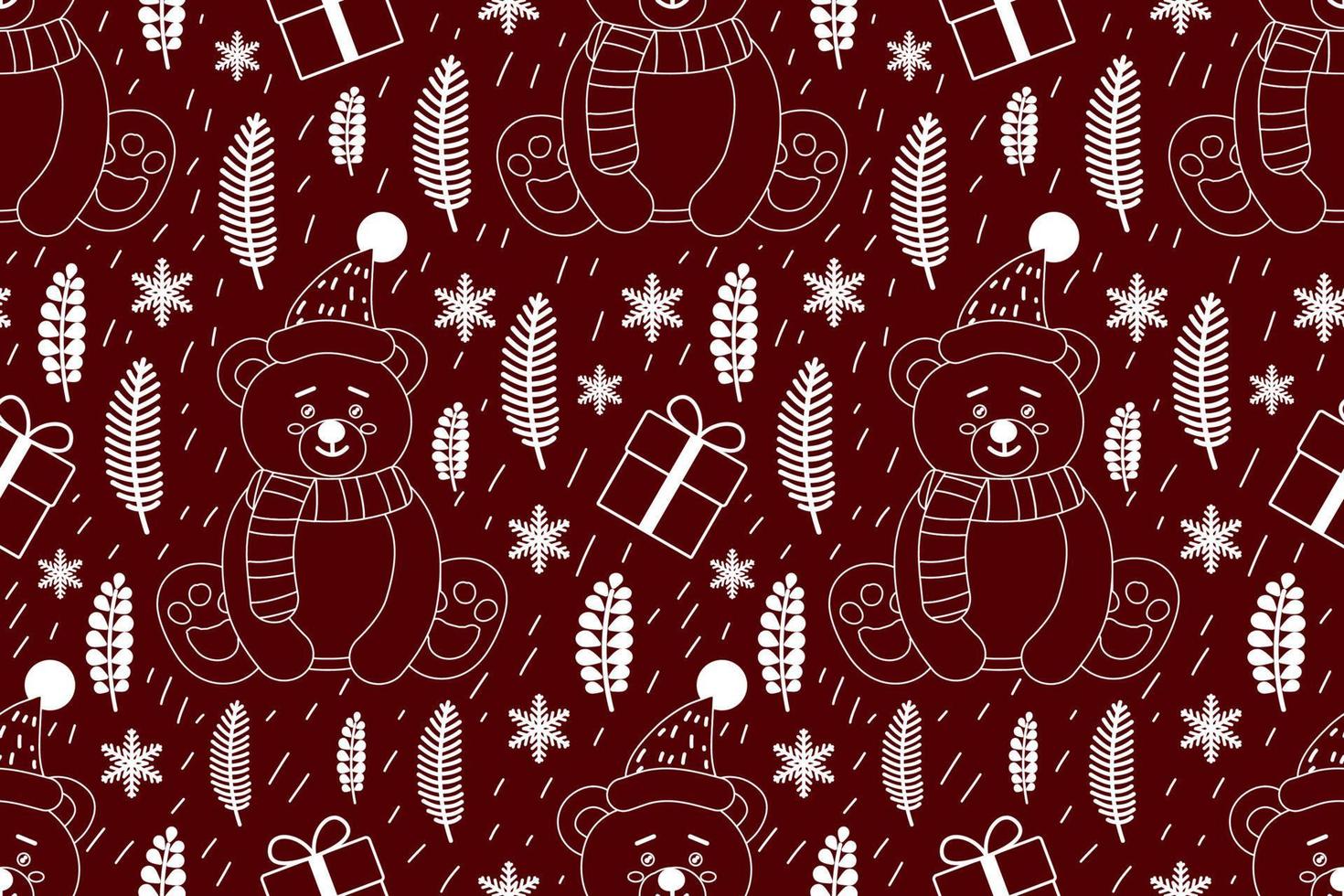 feliz natal design de decoração para casa padrão sem emenda. papai noel dos desenhos animados, árvore de natal, folhas de natal, papel de parede fofo. fundo de ilustrações vetoriais de ornamentos vetor