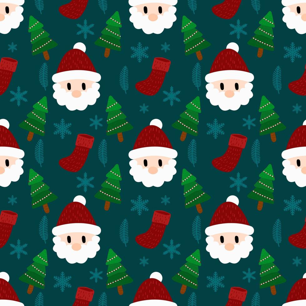 feliz natal design de decoração para casa padrão sem emenda. papai noel dos desenhos animados, árvore de natal, folhas de natal, papel de parede fofo. fundo de ilustrações vetoriais de ornamentos vetor