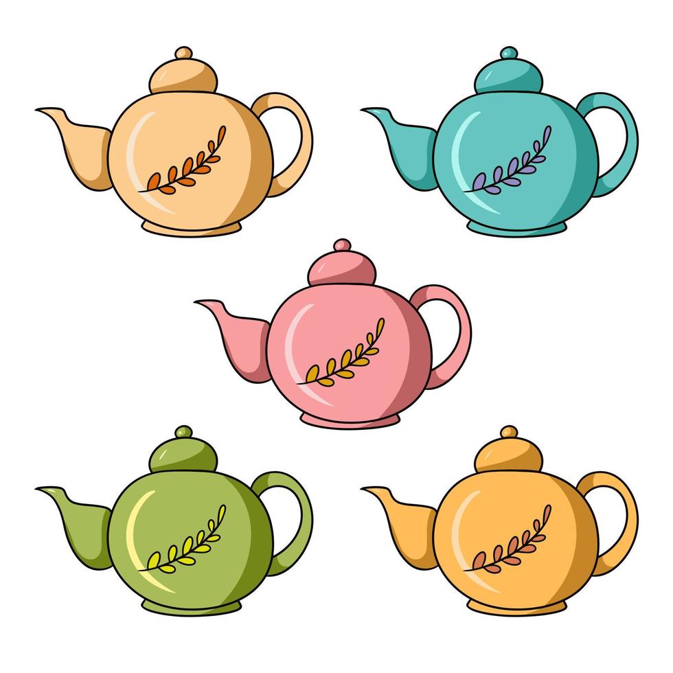um conjunto de ícones coloridos, um bule redondo para preparar chá com um padrão de outono, uma ilustração vetorial em estilo cartoon em um fundo branco vetor