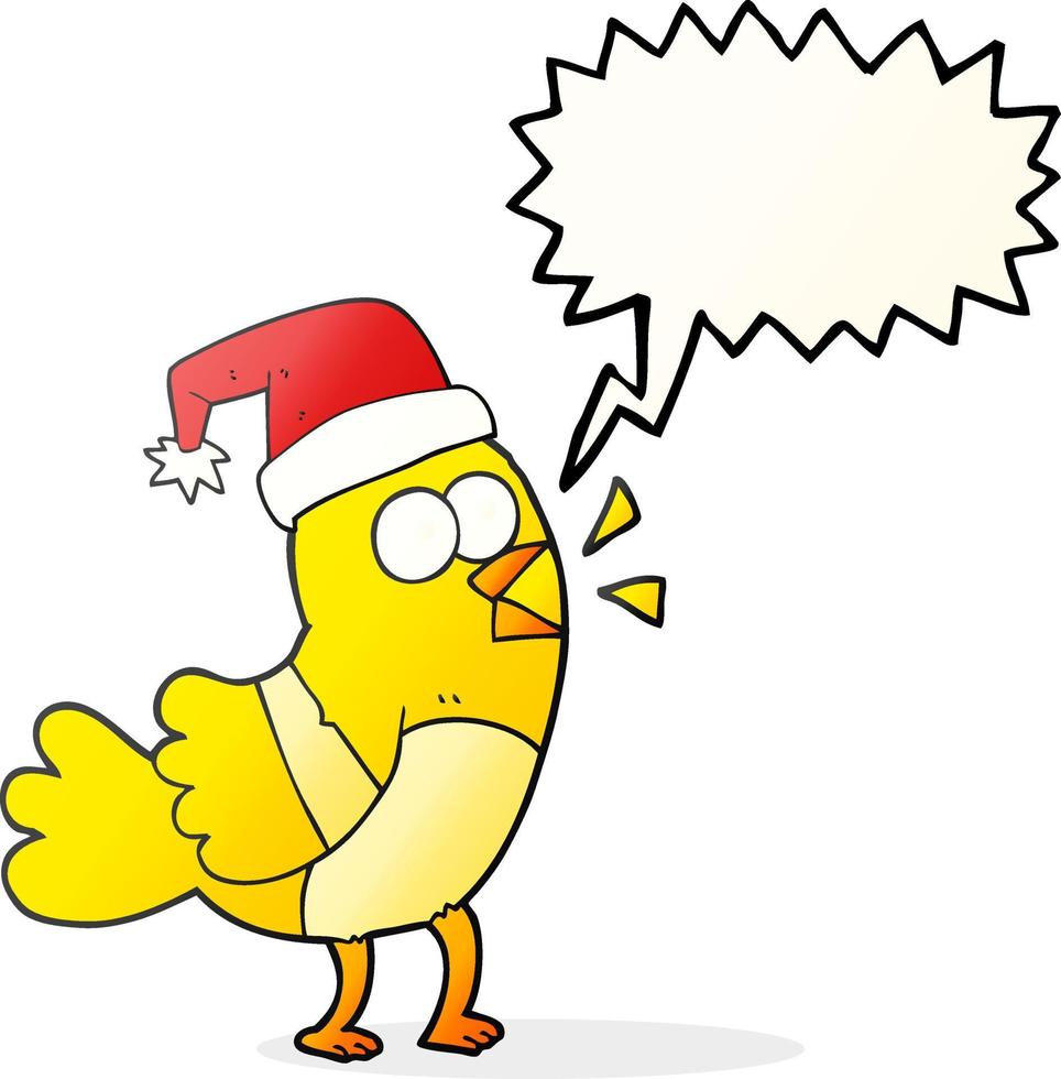 pássaro de desenho animado de bolha de fala desenhada à mão livre usando chapéu de natal vetor