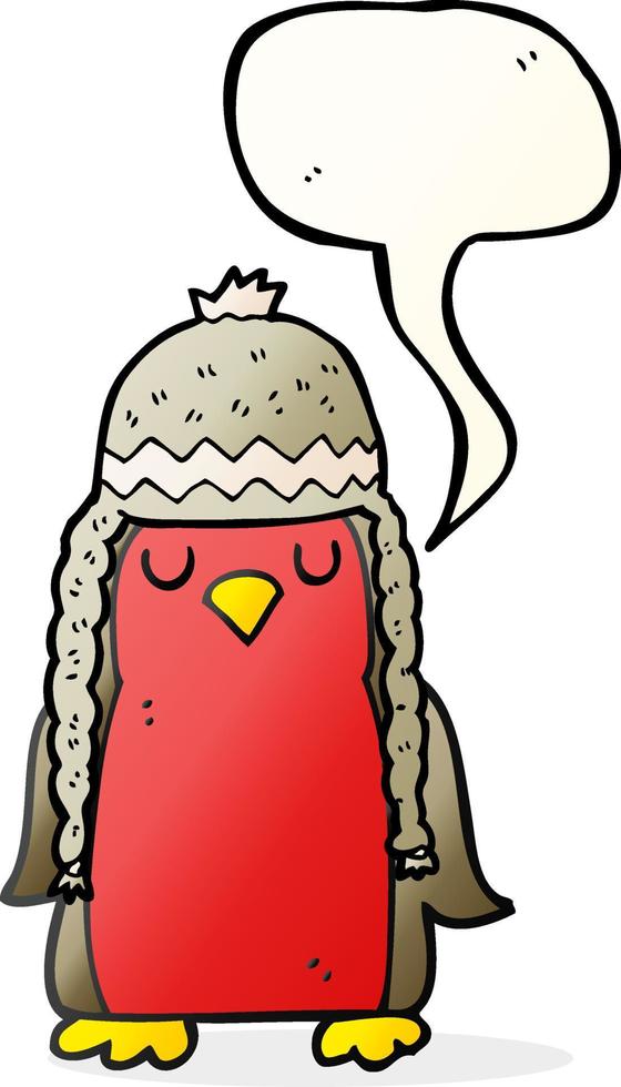 Robin de desenho animado de bolha de fala desenhada à mão livre usando chapéu de inverno vetor