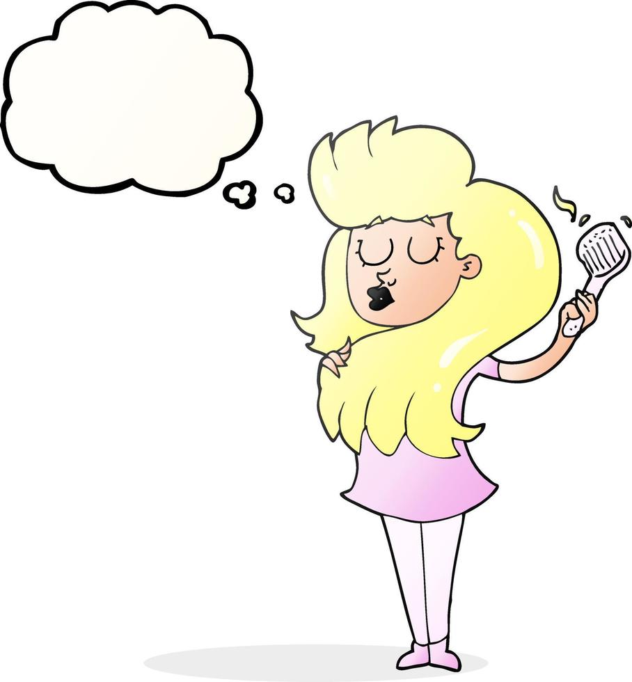 mulher de desenho animado de balão de pensamento desenhado à mão livre escovando o cabelo vetor