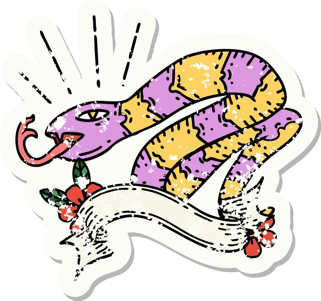 adesivo antigo usado de uma cobra assobiando estilo tatuagem vetor