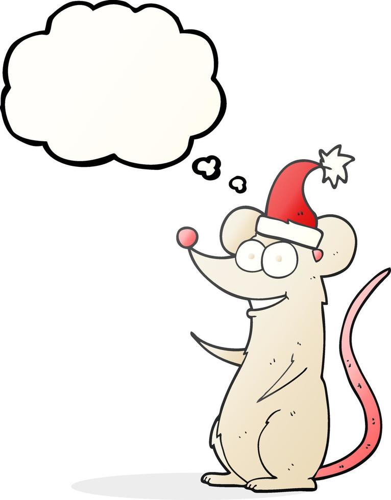 rato de desenho animado de balão de pensamento desenhado à mão livre usando chapéu de natal vetor