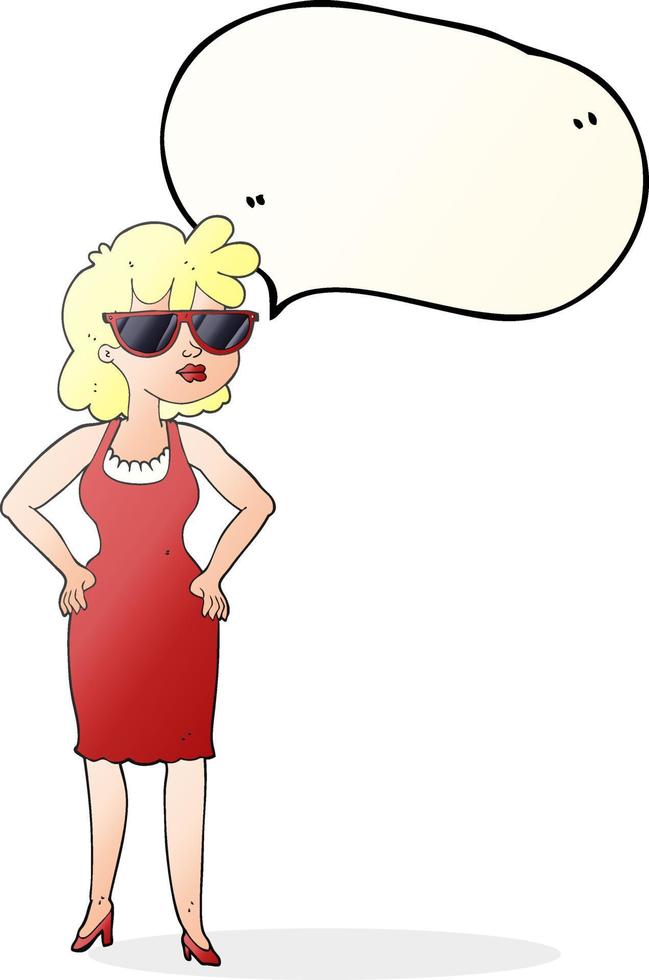 mulher de desenho animado de bolha de fala desenhada à mão livre usando óculos escuros vetor