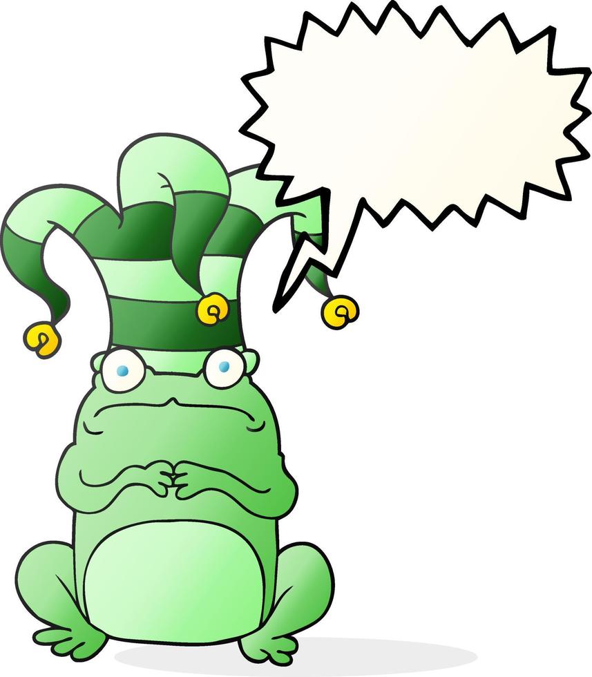 sapo de desenho animado de bolha de fala desenhada à mão livre usando chapéu de bobo da corte vetor