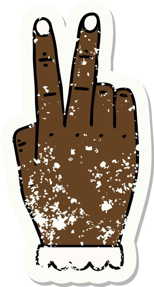 mão de estilo de tatuagem retrô, levantando o gesto de dois dedos vetor