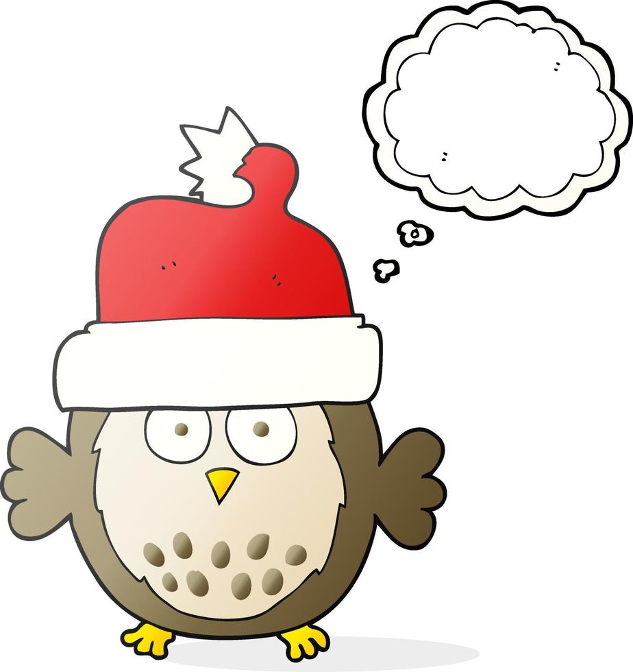 coruja de desenho animado de balão de pensamento desenhado à mão livre usando chapéu de natal vetor