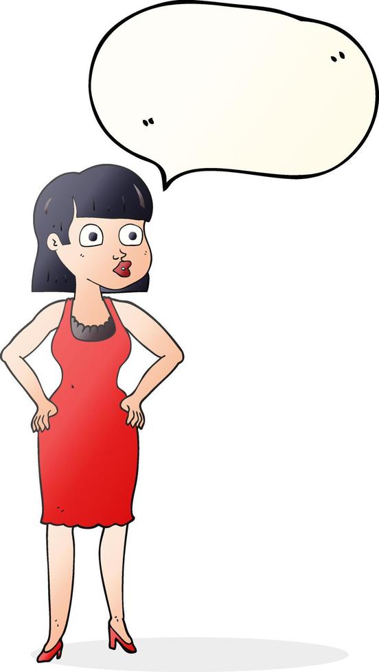 mulher de desenho animado de bolha de fala desenhada à mão livre em vestido com as mãos nos quadris vetor