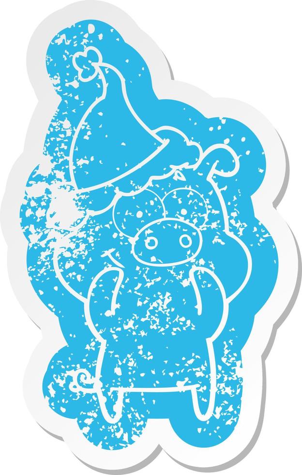 vinheta angustiada de desenho animado feliz de um porco usando chapéu de papai noel vetor