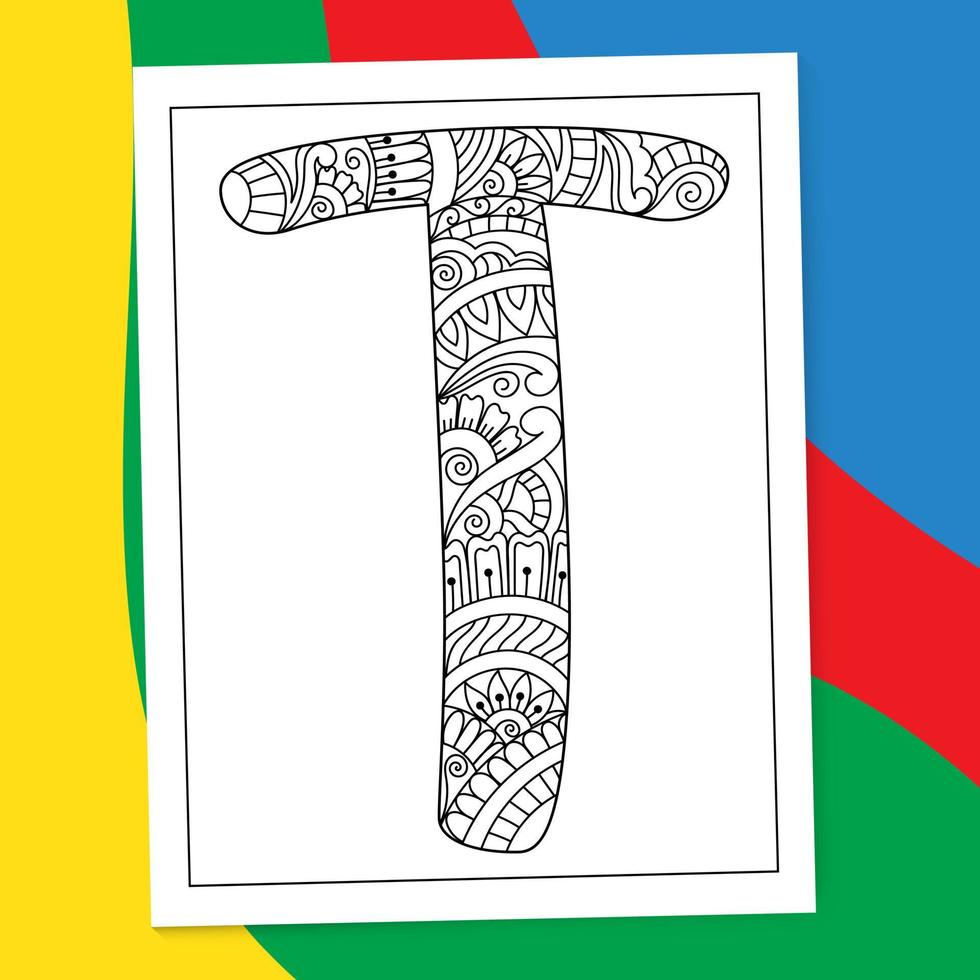 página para colorir de letra de alfabeto mandala desenhada à mão de a a z. páginas do livro de colorir da flor da letra do alfabeto. doodle de página para colorir de mandala de letra az. vetor