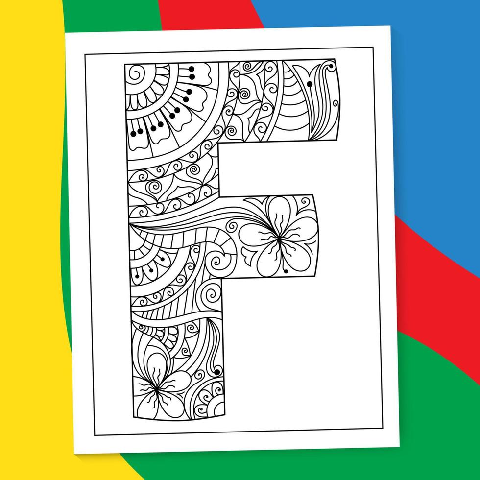 página para colorir de letra de alfabeto mandala desenhada à mão de a a z. páginas do livro de colorir da flor da letra do alfabeto. doodle de página para colorir de mandala de letra az. vetor