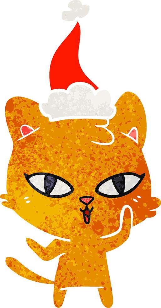 desenho retrô de um gato usando chapéu de papai noel vetor