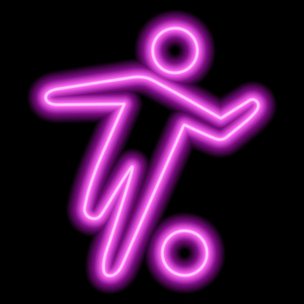contorno rosa neon de um jogador de futebol que bate a bola em fundo preto vetor