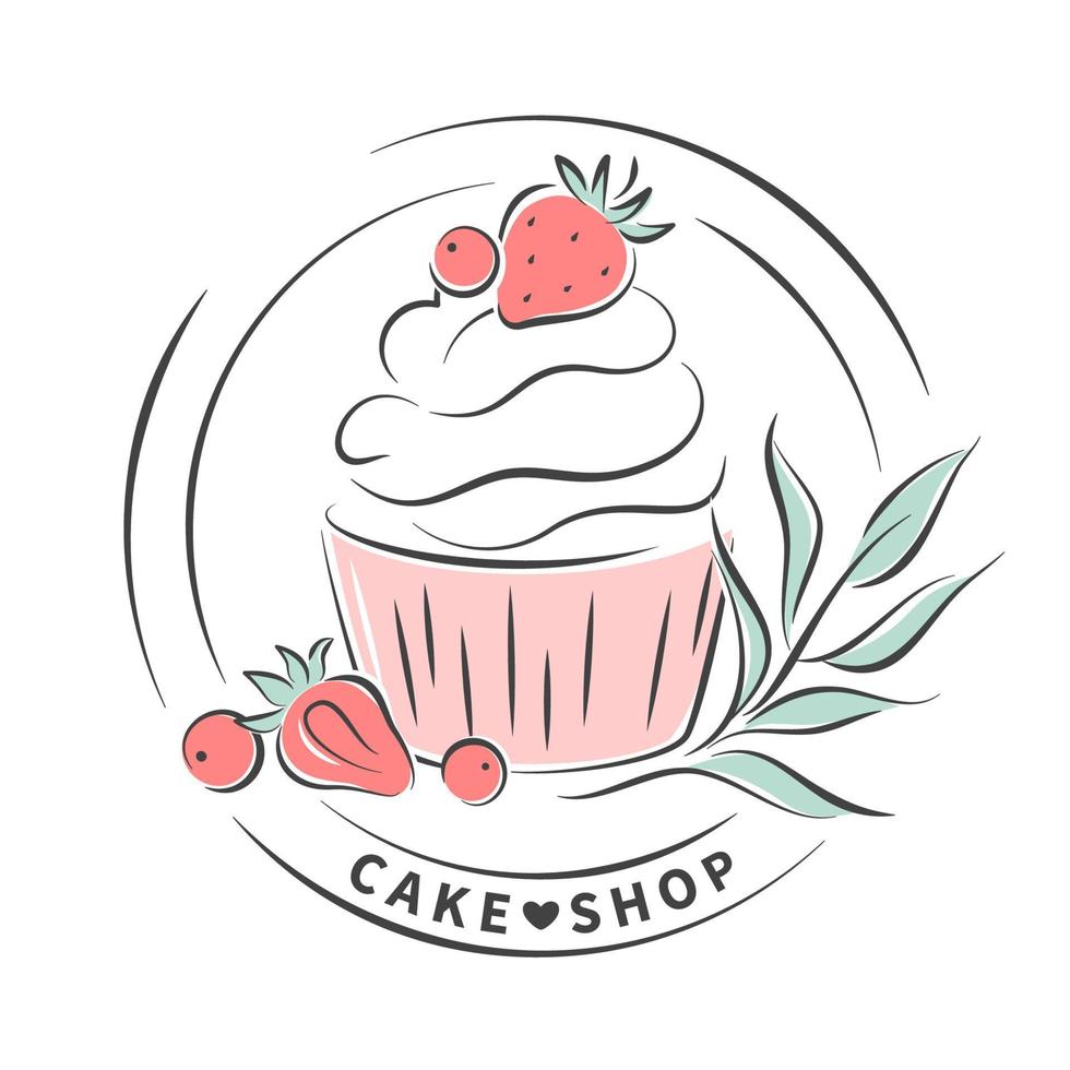 logotipo da loja de bolos. cupcake e frutas. ilustração vetorial para menu, livro de receitas, padaria, café, restaurante. vetor