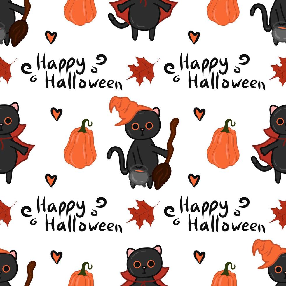 gato kawaii de halloween com padrão perfeito de vetor de fantasia