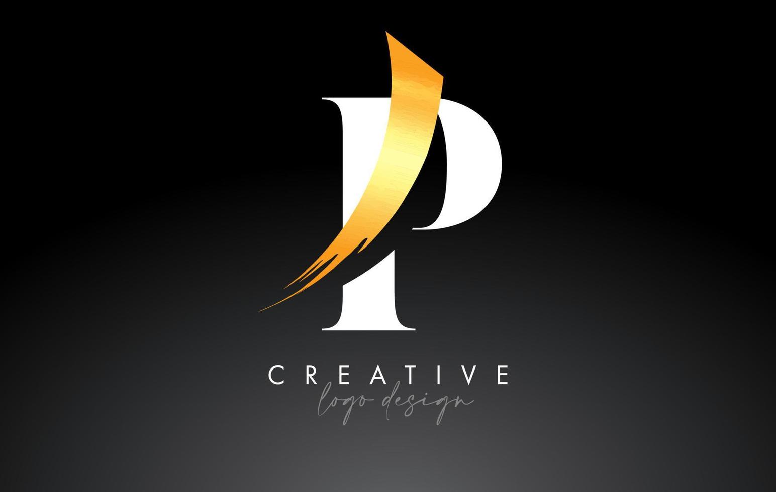 design de logotipo de letra p de pincel dourado com pincelada artística criativa e vetor de aparência moderna