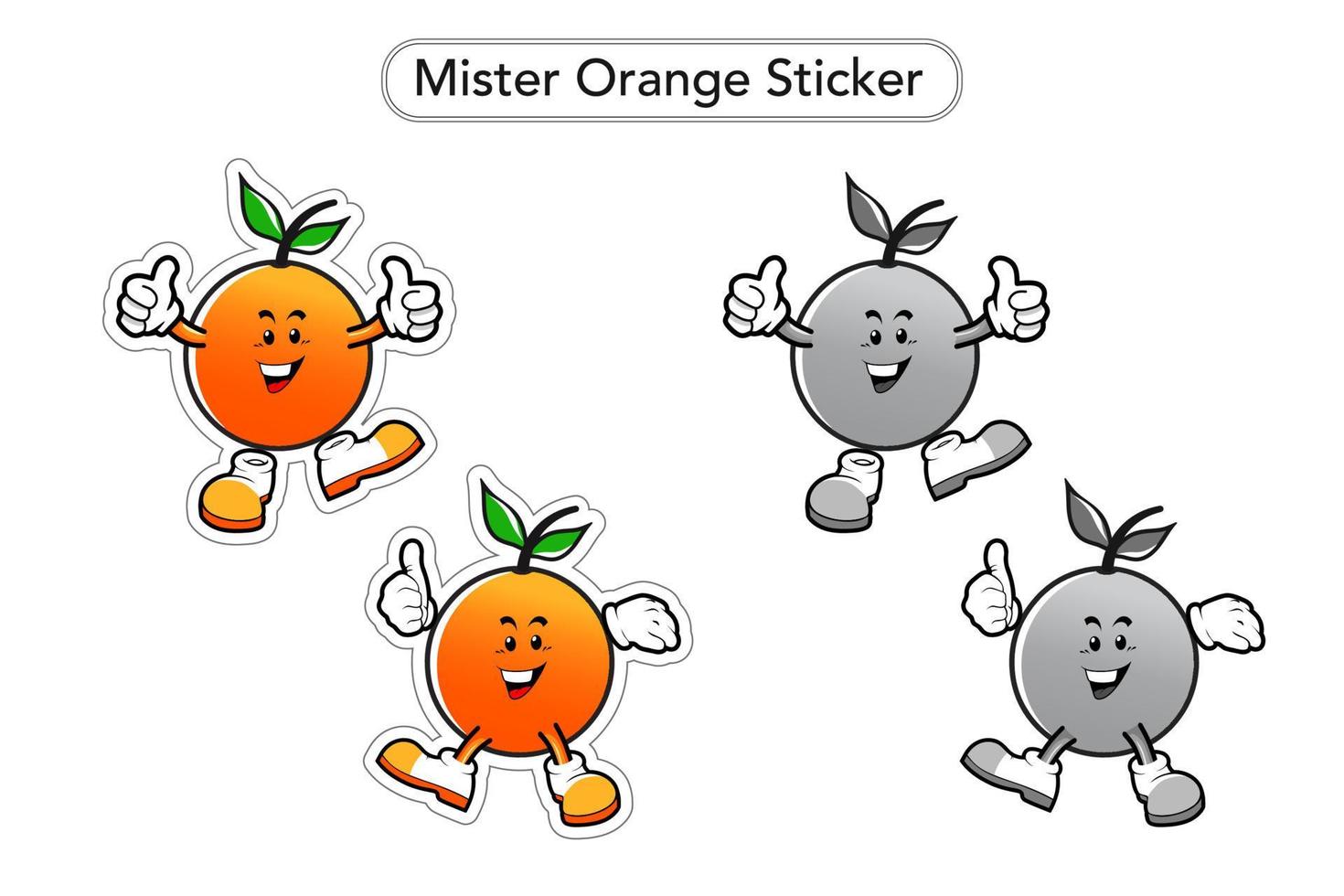 senhor adesivo laranja. vetor de mascote laranja. clipart colorido de fruta laranja. mascote preto e branco.