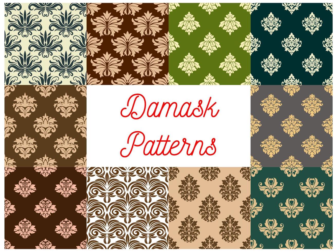 conjunto de padrões sem costura ornamentados floridos de damasco vetor