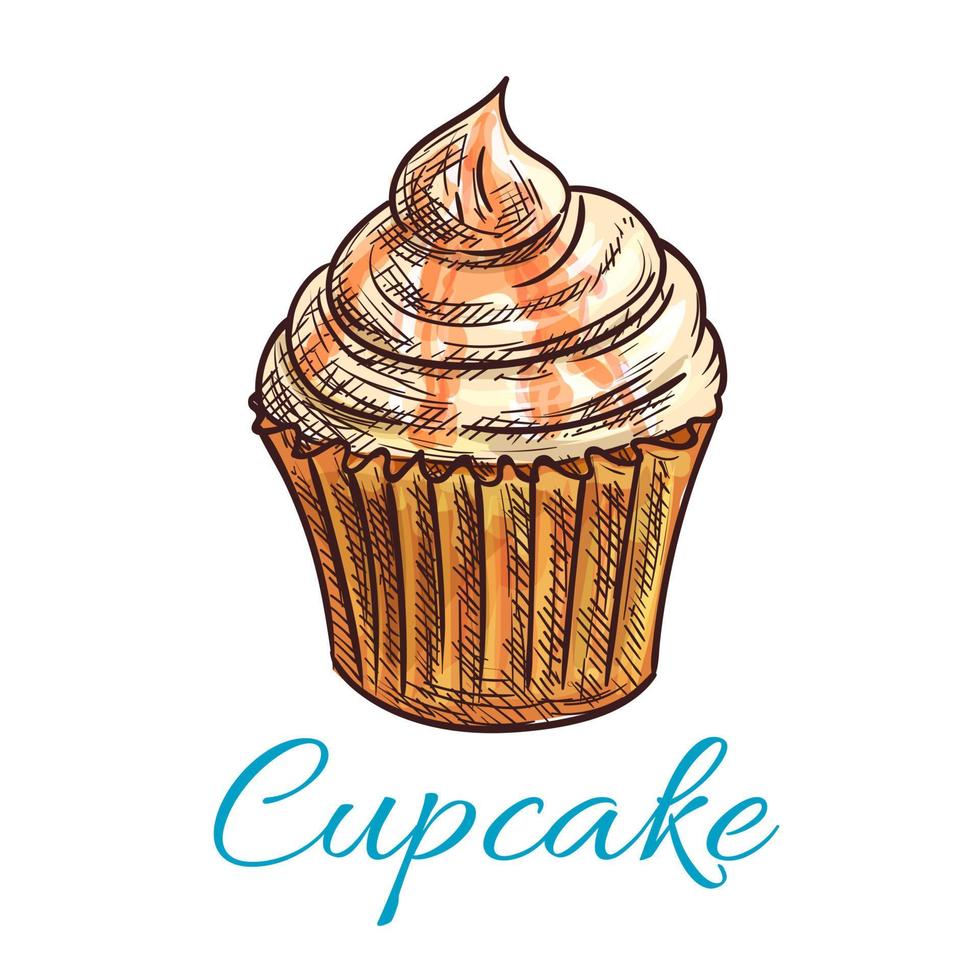 cupcake de chocolate com desenho de creme e caramelo vetor