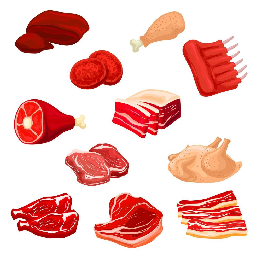 ícones de carne fresca de carne bovina, suína, aves, carneiro vetor