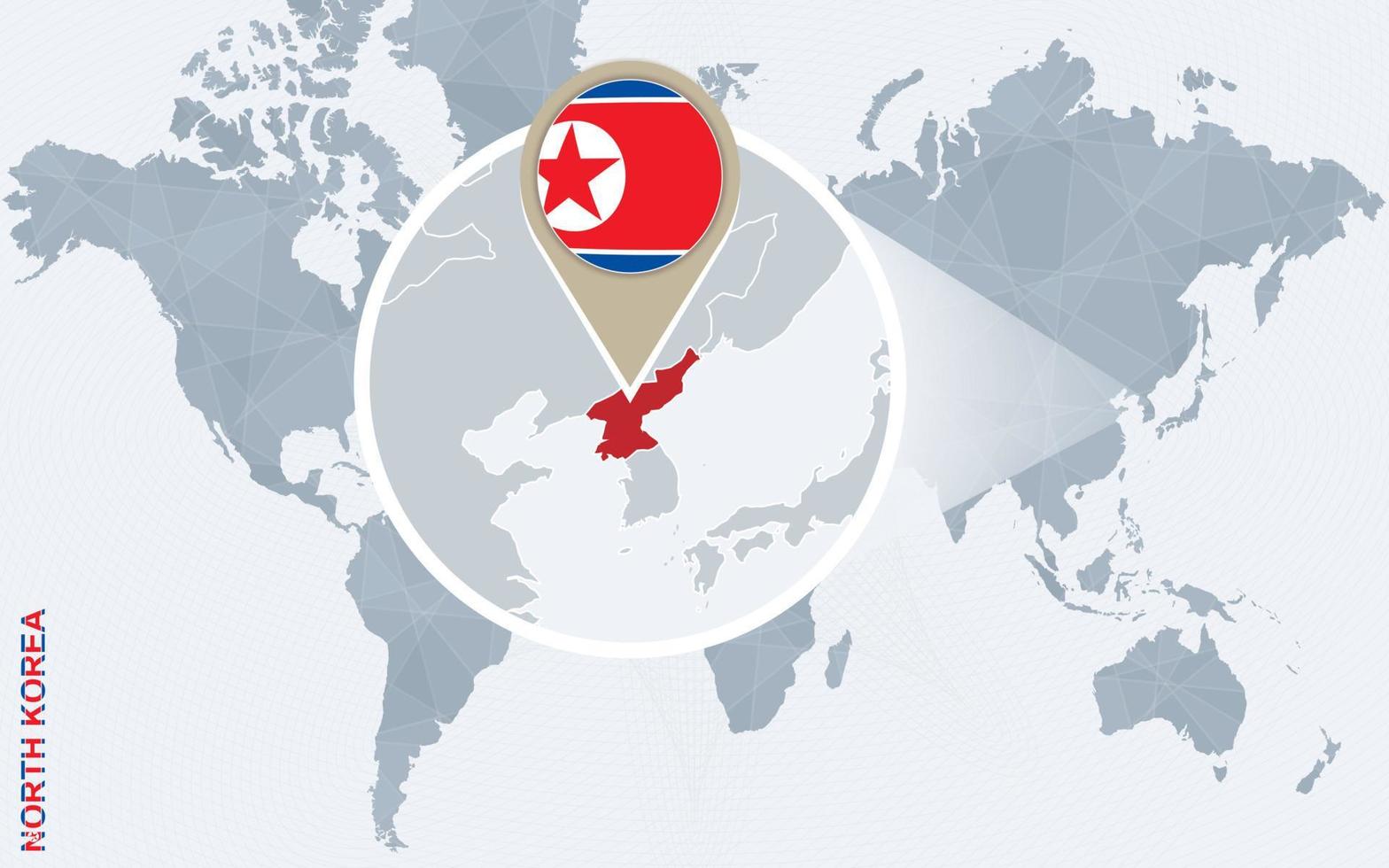 mapa-múndi azul abstrato com a Coreia do Norte ampliada. vetor