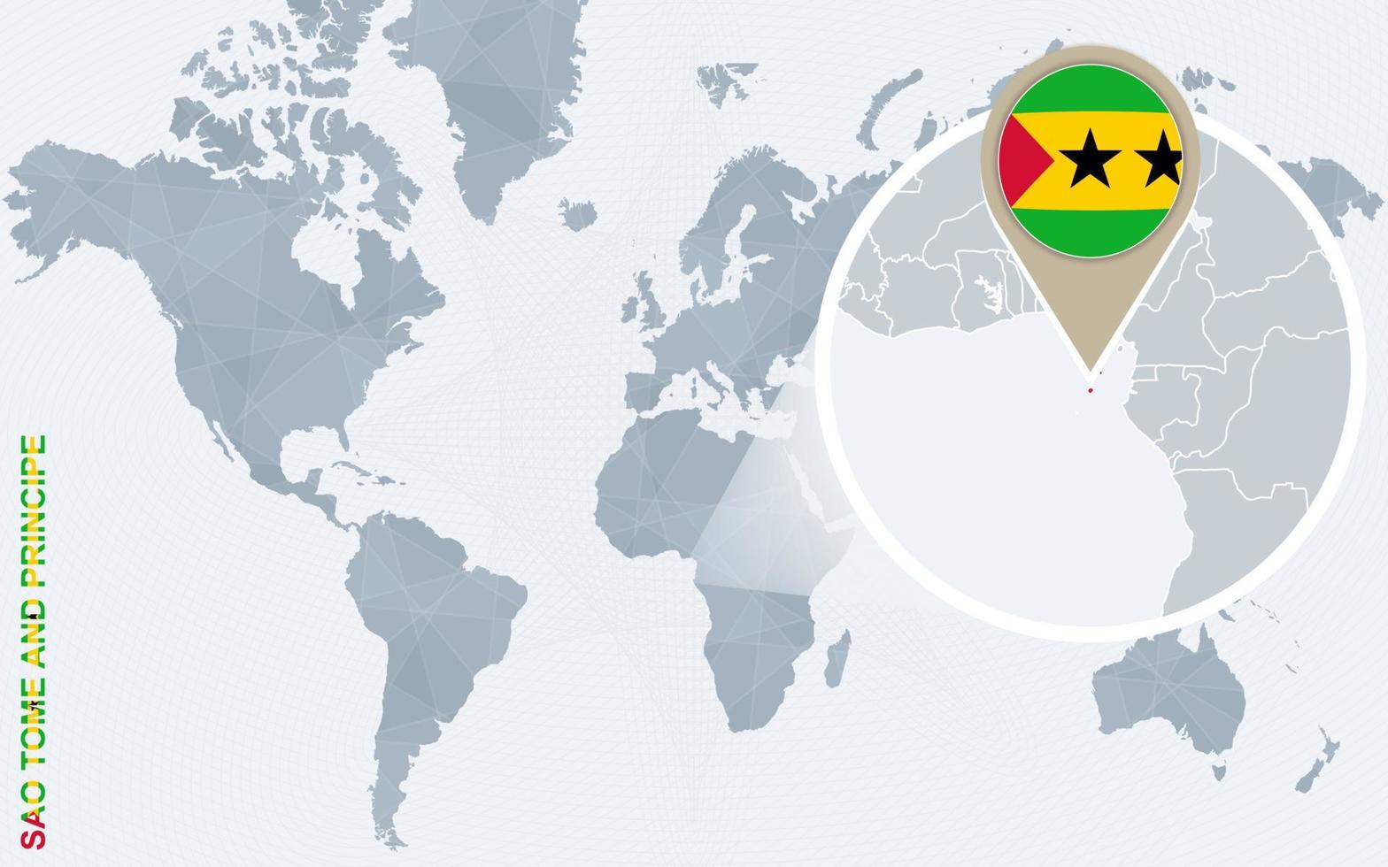 mapa-múndi azul abstrato com São Tomé e Príncipe ampliados. vetor