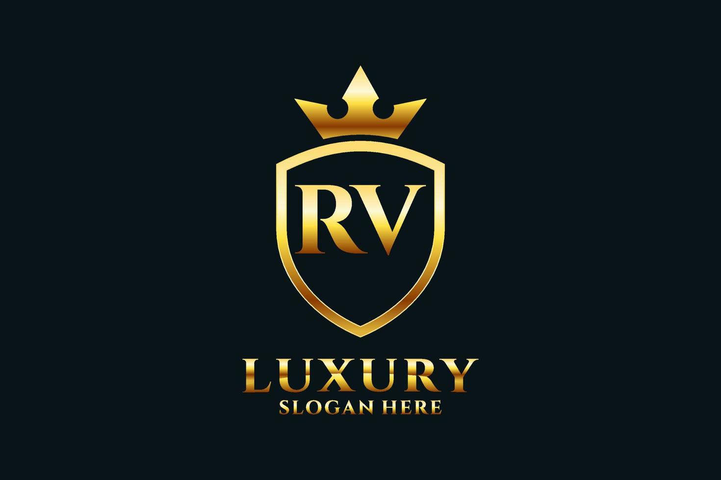 logotipo de monograma de luxo elegante rv inicial ou modelo de crachá com pergaminhos e coroa real - perfeito para projetos de marca luxuosos vetor