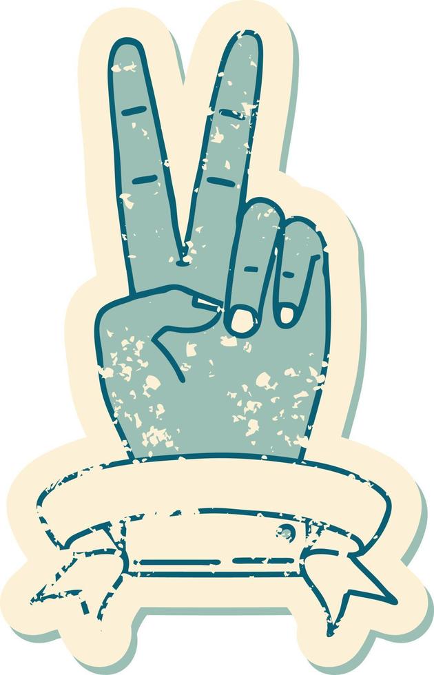 adesivo grunge de um gesto de mão de dois dedos de paz com banner vetor