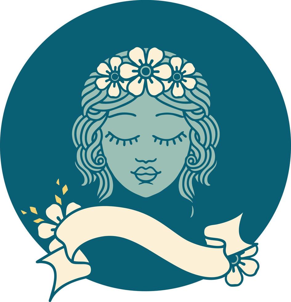 ícone de estilo de tatuagem com banner de uma donzela com os olhos fechados vetor