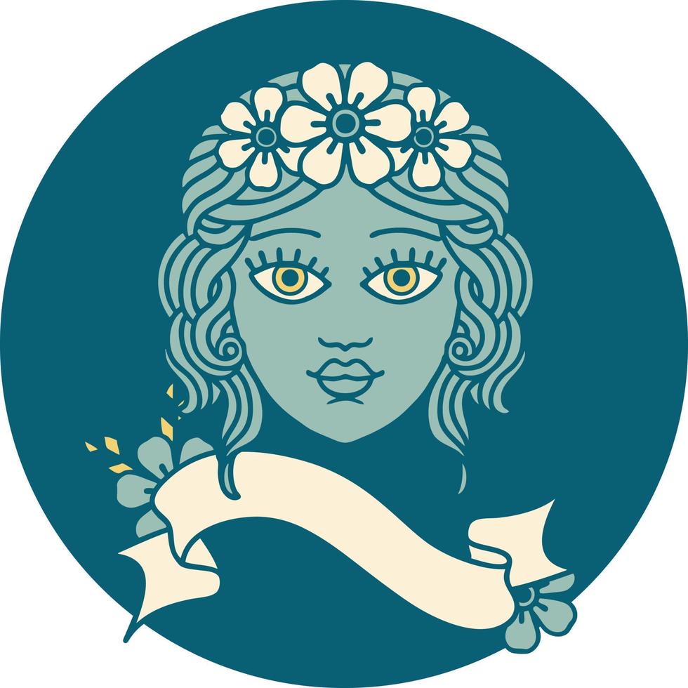ícone de estilo de tatuagem com banner de rosto feminino com coroa de flores vetor
